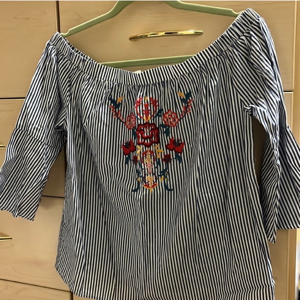 Blue Rain blue & white stripe off the shoulder embroidered blouse, Size S